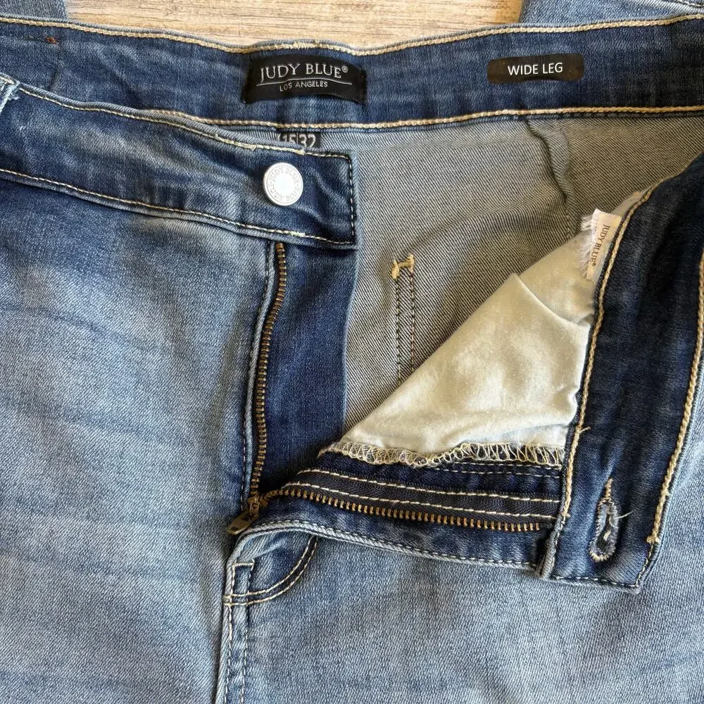 Judy Blue Jeans Sz 15/32 Med Wash Blue Denim Wide Leg Baggy Faded Skater Casual - Picture 6 of 10